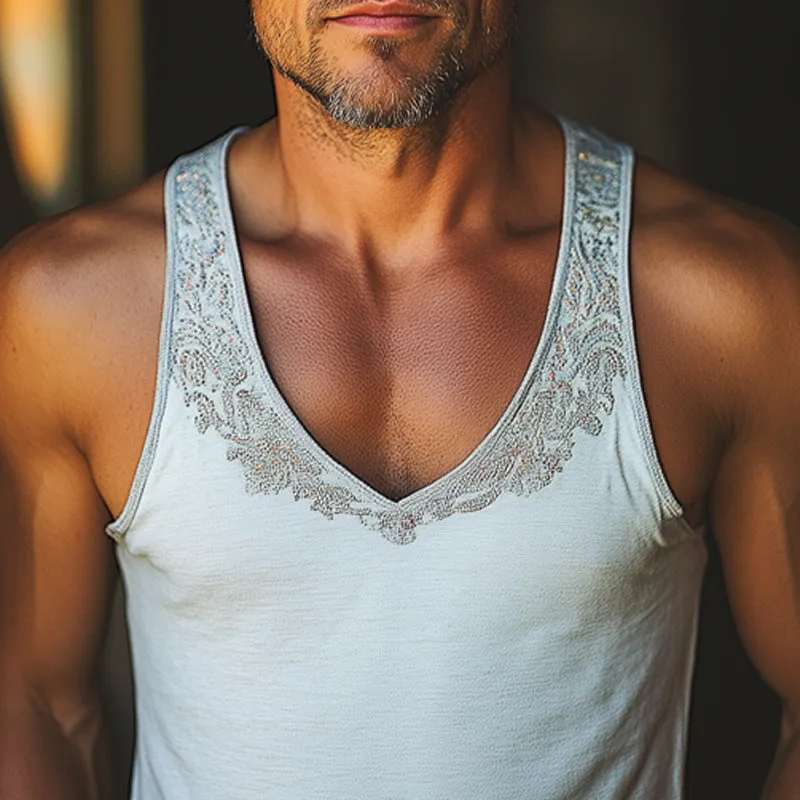 Men's Summer V-neck Cotton Embroidered Tank Top MTA3016D7U sold by Manly product image thumbnail 3