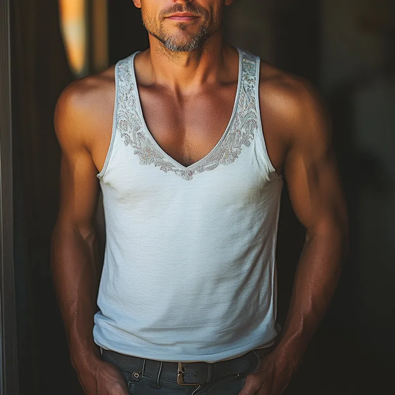 Men's Summer V-neck Cotton Embroidered Tank Top MTA3016D7U sold by Manly product image thumbnail 2