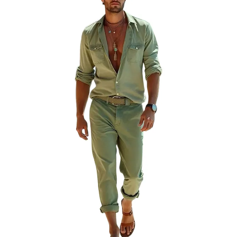 Men's Casual Solid Color Long Sleeve Shirt And Trousers Set MTA3002D3U sold by Manly