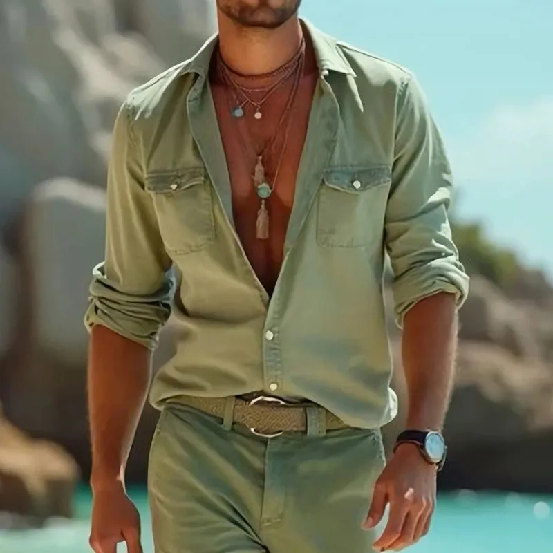 Men's Casual Solid Color Long Sleeve Shirt And Trousers Set MTA3002D3U sold by Manly product image thumbnail 3