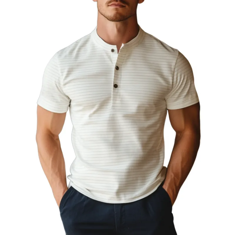 Men's Casual Soft Cotton Blend Striped Henley Collar Slim Fit Short Sleeve T-Shirt MTA2949D0M sold by Manly