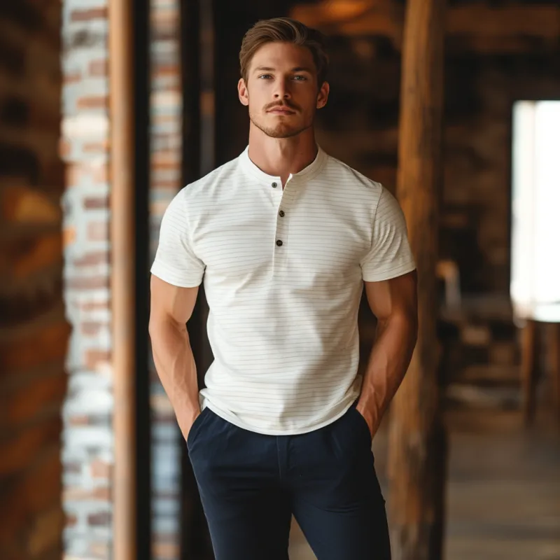 Men's Casual Soft Cotton Blend Striped Henley Collar Slim Fit Short Sleeve T-Shirt MTA2949D0M sold by Manly product image thumbnail 3