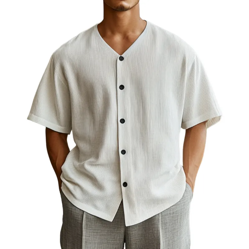 Men's Casual Cotton Blended Stripe V-Neck Single-Breasted Loose Short-Sleeved Shirt MTA2937D6M sold by Manly