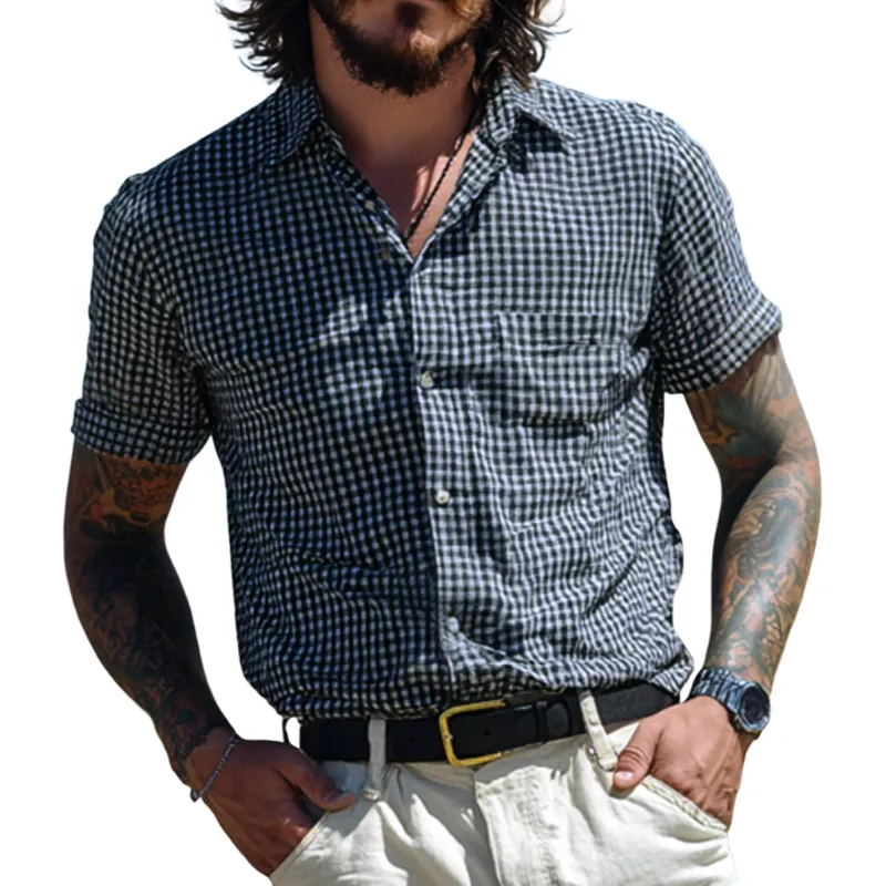 Men's Vintage Cotton Blend Plaid Lapel Patch Pocket Slim Fit Short Sleeve Shirt MTA0938D0M sold by Manly