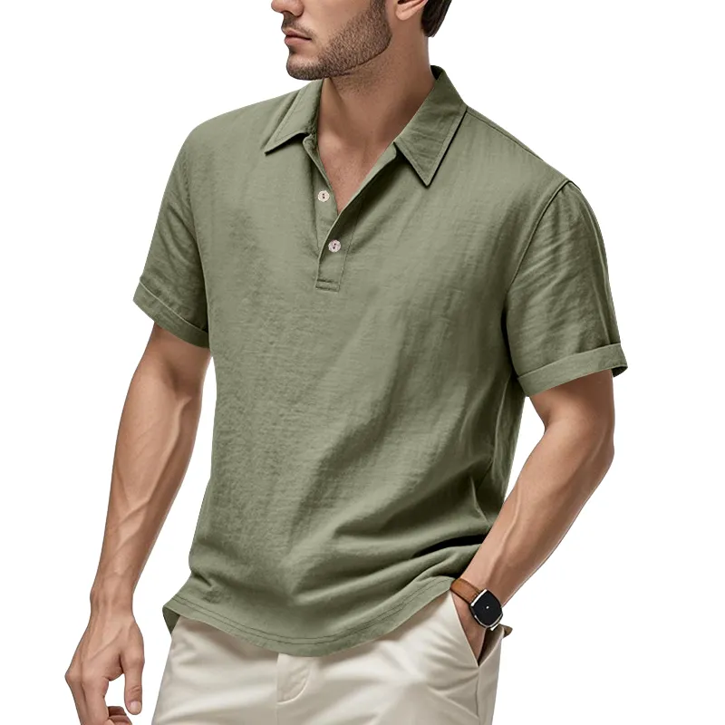 Men's Casual Cotton Linen Lapel Loose Short Sleeve Polo Shirt MTA2957D2M sold by Manly