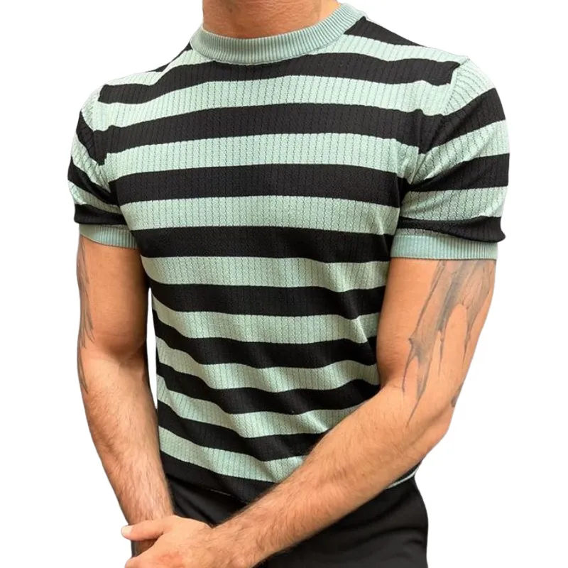 Men's Casual Contrast Color Striped Breathable Knitted Round Neck Short Sleeve Sweater T-Shirt MTA2556C4M sold by Manly