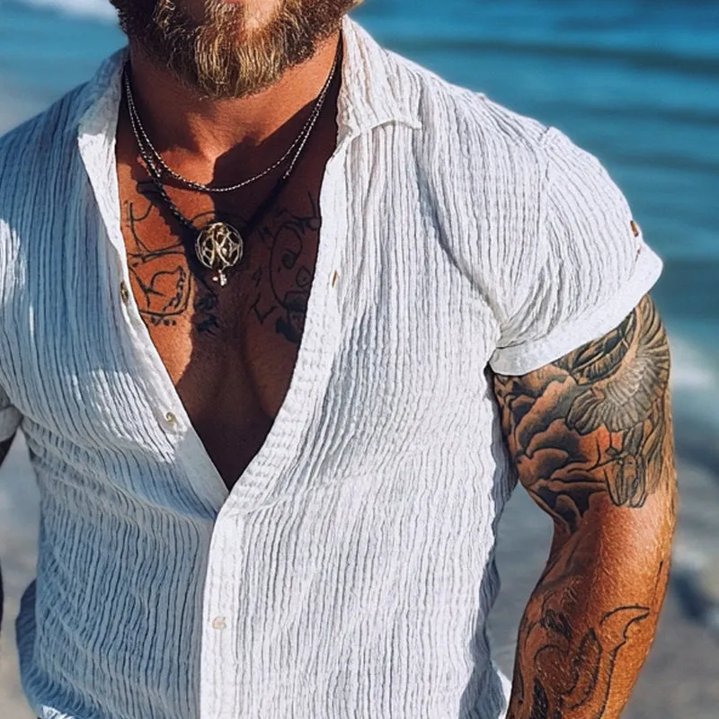 Men's Striped Textured Lapel Short Sleeve Shirt MTA3010D7X sold by Manly product image thumbnail 3