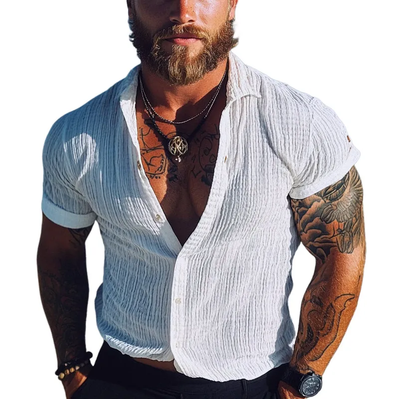 Men's Striped Textured Lapel Short Sleeve Shirt MTA3010D7X sold by Manly