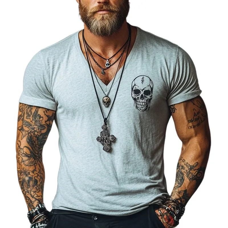 Men's Solid Color Cotton Skull Print Short Sleeve T-Shirt MTA3094D7X sold by Manly