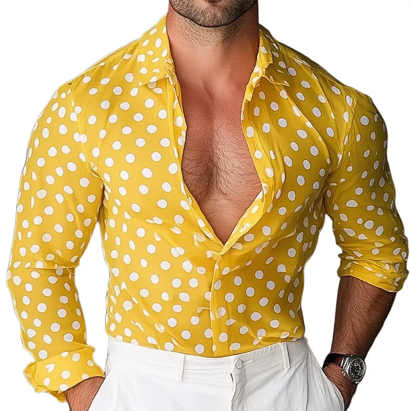 Men's Polka Dot Print Lapel Long Sleeve Shirt MTA2954D2X made by Manly