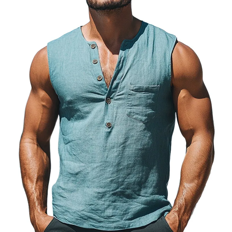 Men's Solid Color Cotton And Linen Button-Down Pullover Tank Tops MTA2938D7X sold by Manly