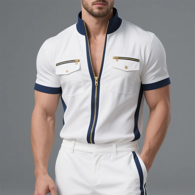 Men's Contrast Color Casual Stand Collar Short Sleeve Jacket MTA2984D9X sold by Manly product image thumbnail 2