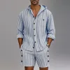 Men's Striped Print Long Sleeve Hoodie Shorts Casual Two-Piece Set MTA2916D8X sold by Manly