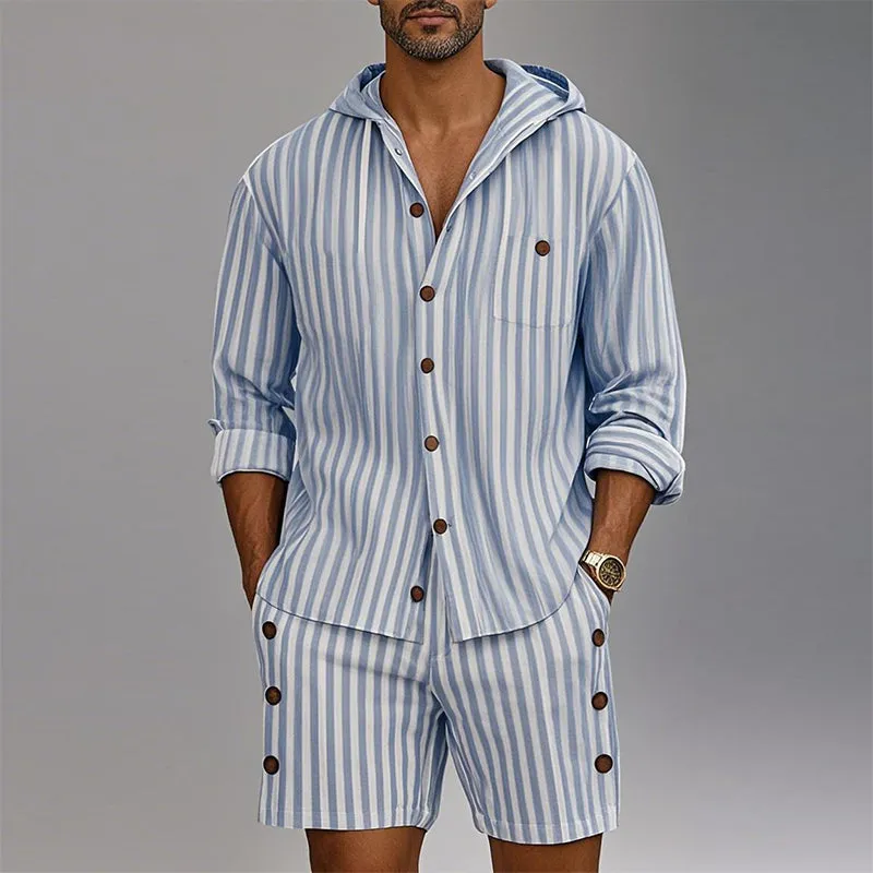 Men's Striped Print Long Sleeve Hoodie Shorts Casual Two-Piece Set MTA2916D8X sold by Manly product image thumbnail 2