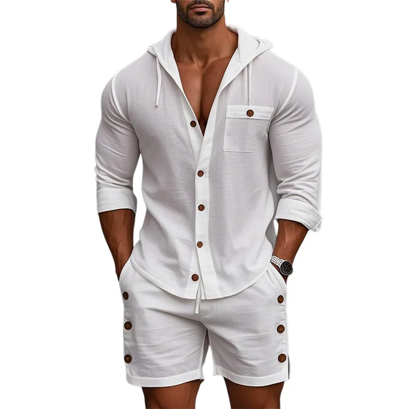 Men's Cotton and Linen Solid Color Long Sleeve Hoodie Shorts Two-piece Set MTA2990D5X sold by Manly