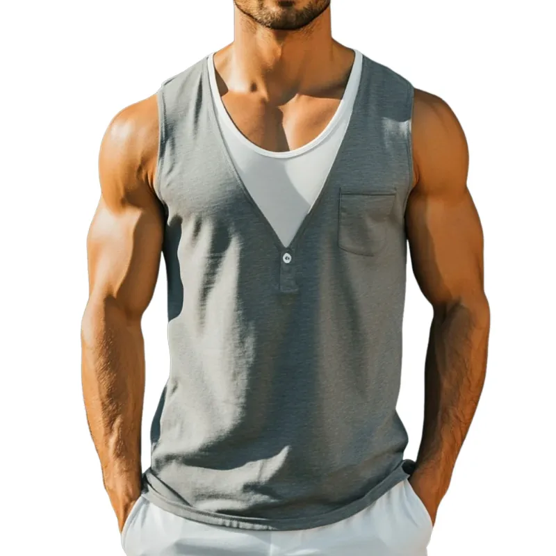 Men's Casual Contrast Color Breathable Cotton Patchwork Round Neck Patch Pocket Slim Fit Tank Top MTA0689E5M sold by Manly