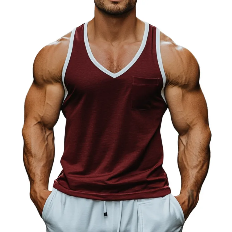 Men's Casual Colorblock Breathable Cotton V-Neck Patch Pocket Slim Tank Top MTA0675E5M sold by Manly
