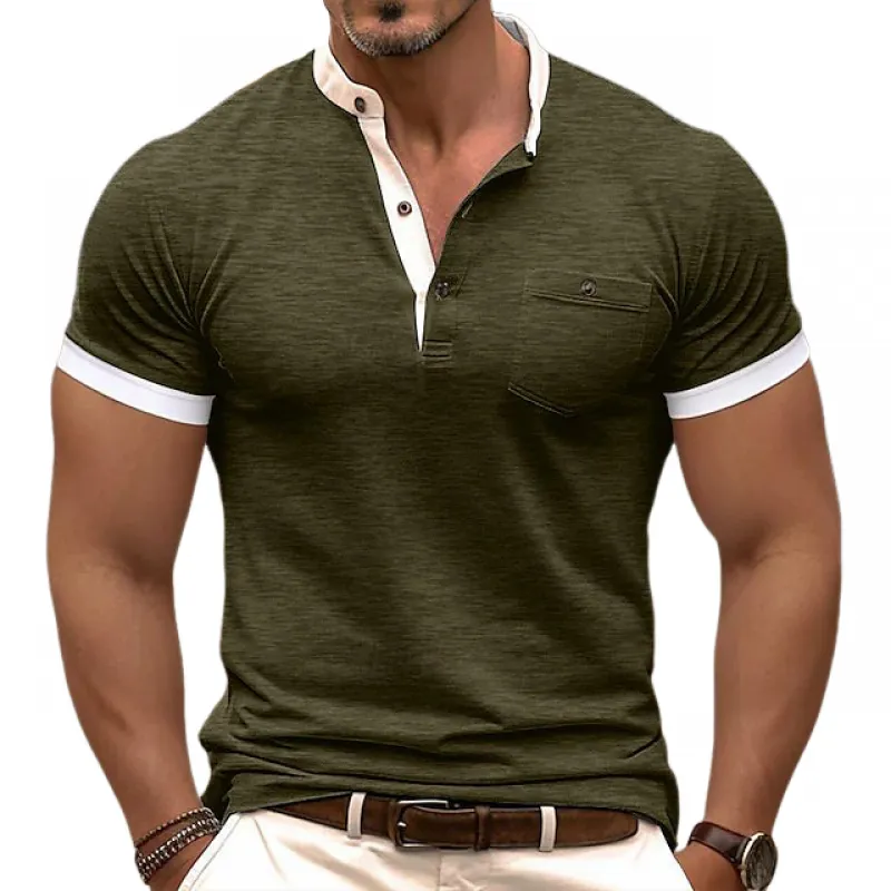Men's Casual Colorblock Cotton Henley Collar Patch Pocket Slim Fit Short Sleeve T-Shirt MTA0647E5M sold by Manly