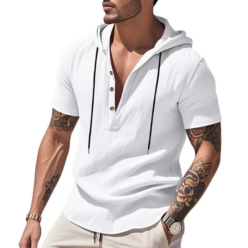 Men's Casual Solid Color Breathable Cotton Henley Collar Hooded Slim Fit Short Sleeve T-Shirt MTA0630E7M sold by Manly