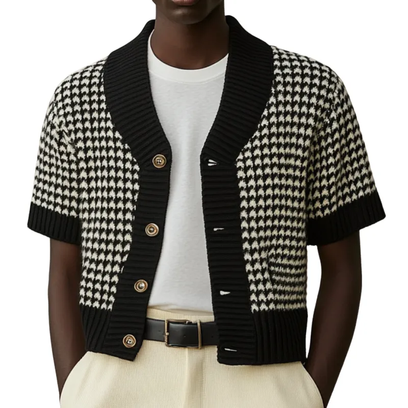 Men's Casual Contrast Houndstooth Jacquard Knit Single Breasted Short Sleeve Cardigan MTA0607E4M sold by Manly