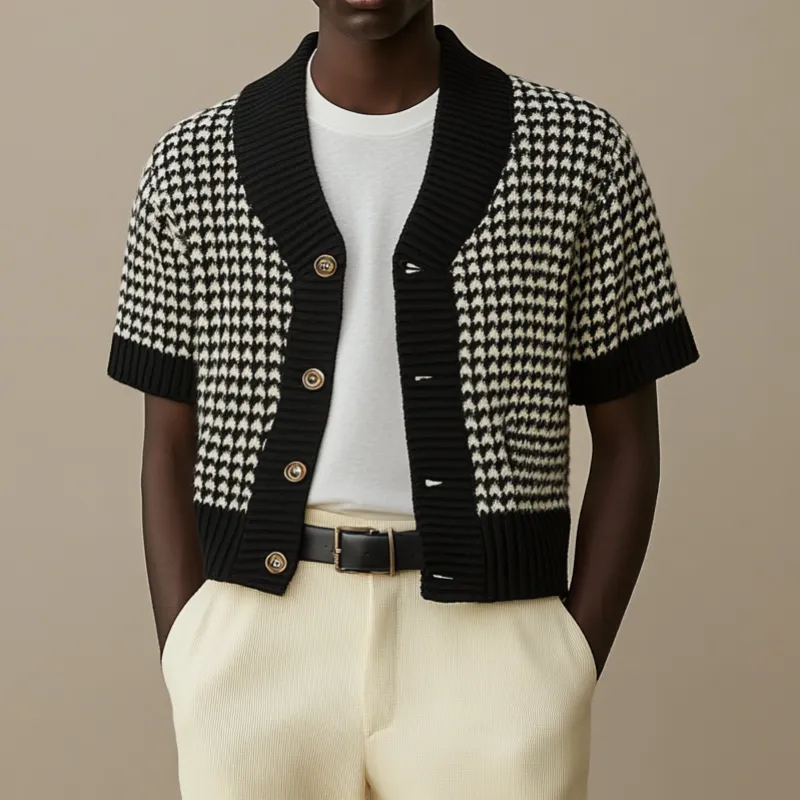 Men's Casual Contrast Houndstooth Jacquard Knit Single Breasted Short Sleeve Cardigan MTA0607E4M sold by Manly product image thumbnail 3