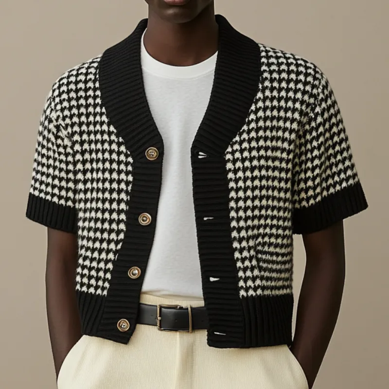 Men's Casual Contrast Houndstooth Jacquard Knit Single Breasted Short Sleeve Cardigan MTA0607E4M sold by Manly product image thumbnail 2