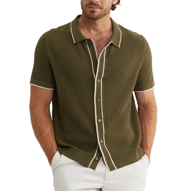 Men's Casual Contrast Knit Lapel Single Breasted Slim Fit Short Sleeve Shirt Sweater MTA0658E7M sold by Manly