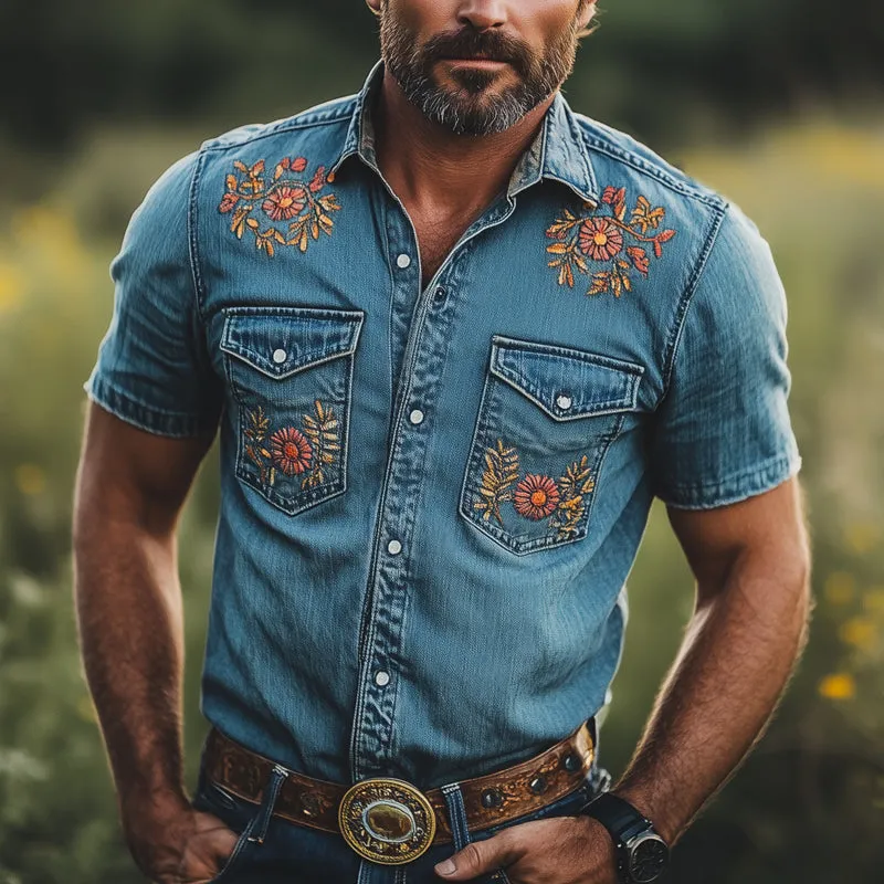 Men's Summer Denim Exquisite Floral Embroidery Shirt MTA2946D1U sold by Manly product image thumbnail 2