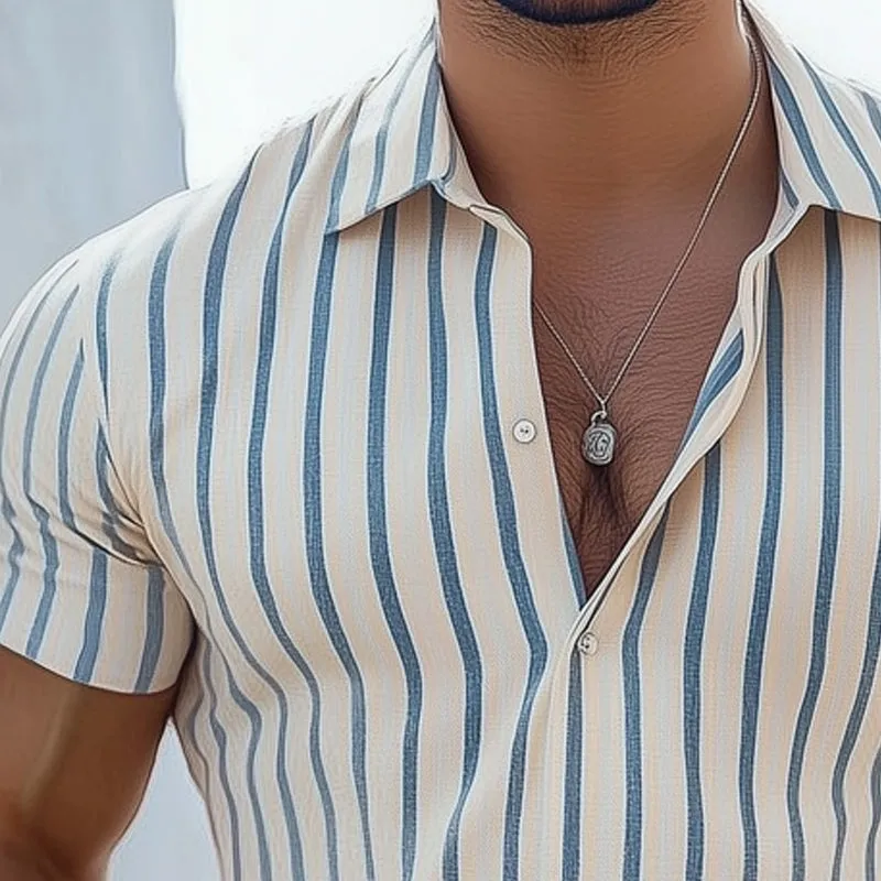 Men's Summer Casual Vertical Stripe Polo Neck T-Shirt MTA0640E2U sold by Manly product image thumbnail 3