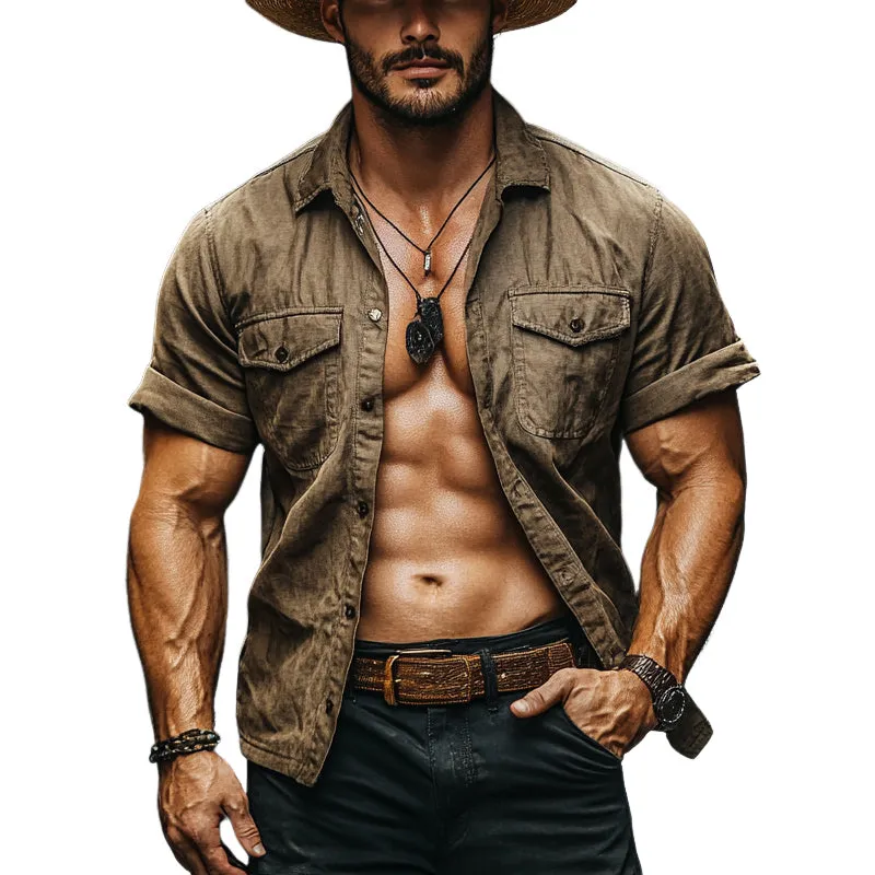 Men's Vintage Distressed Denim Short Sleeve Shirt MTA2949D5X sold by Manly