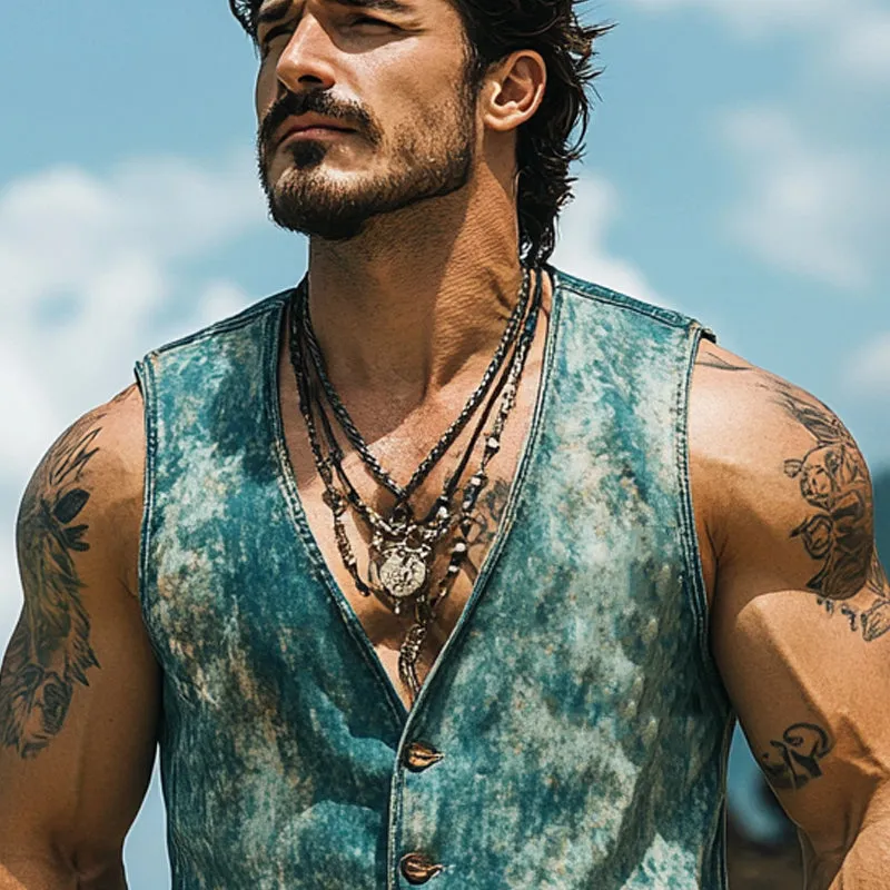 Men's Vintage Distressed Western Style Denim V-Neck Single Breasted Vest MTA2921D7X sold by Manly product image thumbnail 3