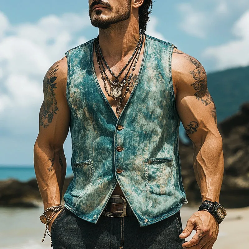 Men's Vintage Distressed Western Style Denim V-Neck Single Breasted Vest MTA2921D7X sold by Manly product image thumbnail 2