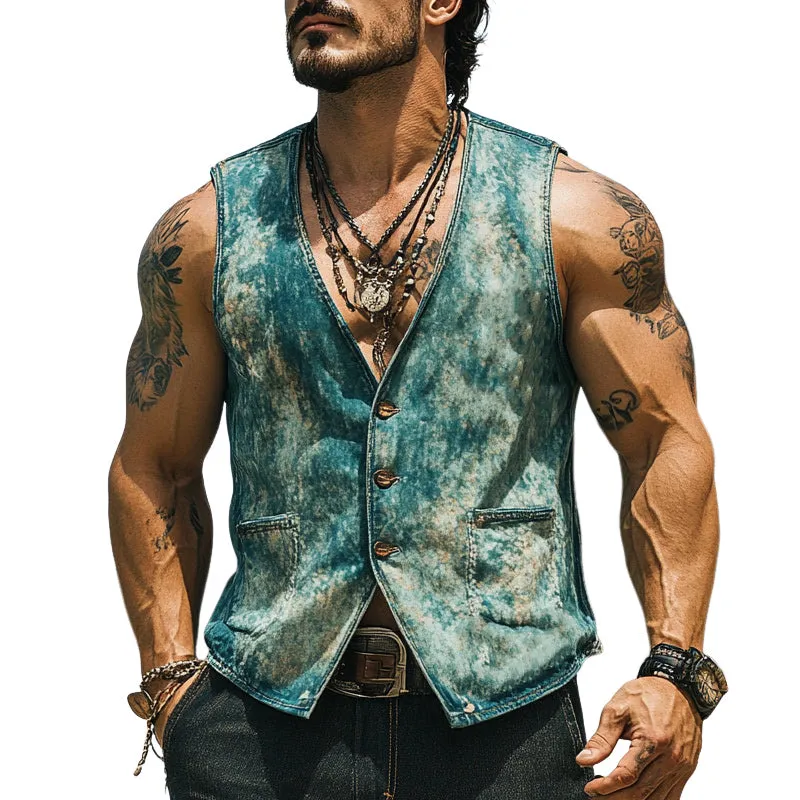 Men's Vintage Distressed Western Style Denim V-Neck Single Breasted Vest MTA2921D7X sold by Manly