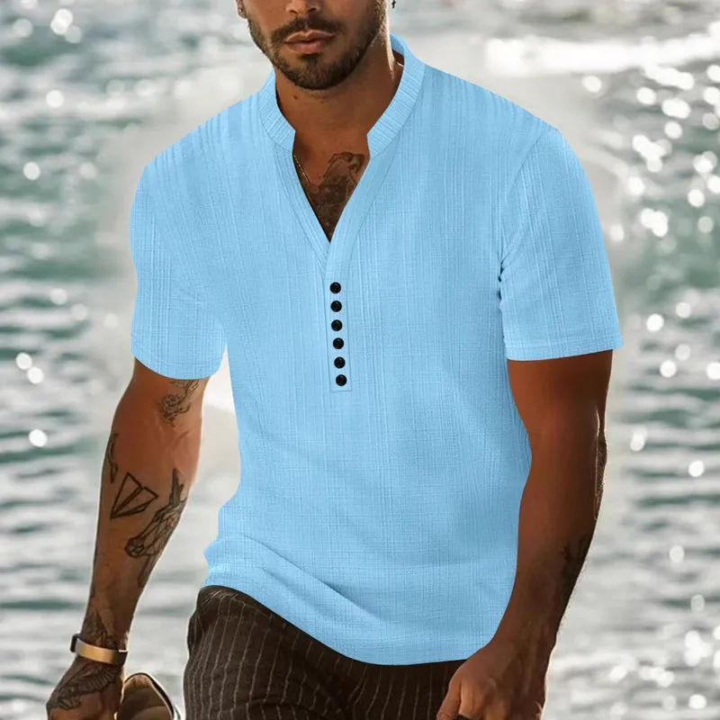 Men's solid color casual pullover button short-sleeved T-shirt MTA0625E4X sold by Manly product image thumbnail 3