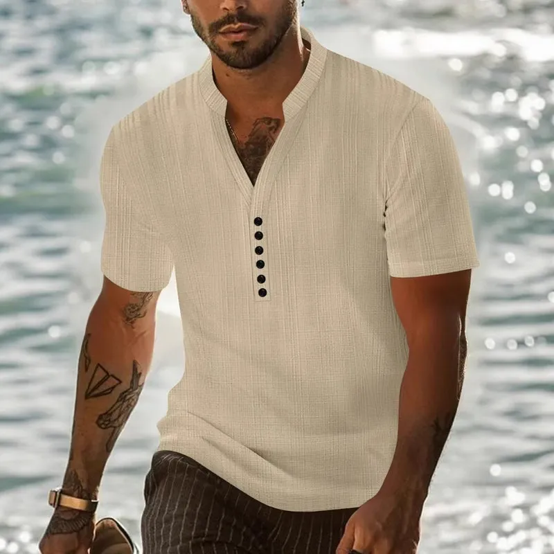 Men's solid color casual pullover button short-sleeved T-shirt MTA0625E4X sold by Manly product image thumbnail 5