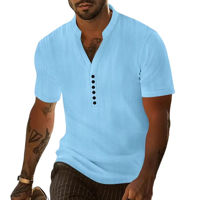 Men's solid color casual pullover button short-sleeved T-shirt MTA0625E4X sold by Manly