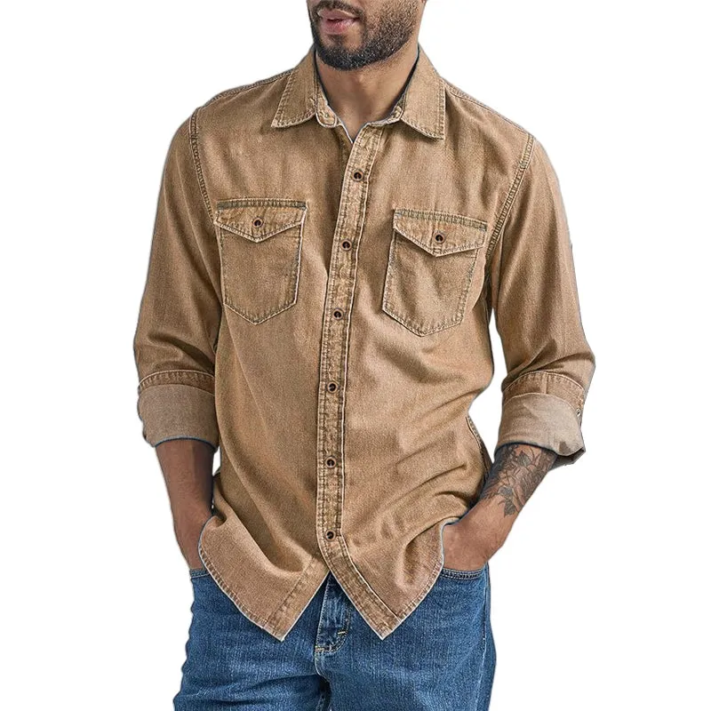 Men's Solid Color Long Sleeve Loose Vintage Denim Shirt MTA0665E3X sold by Manly