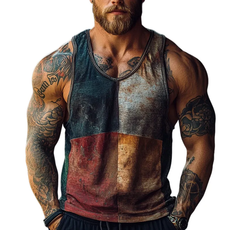 Men's Vintage Color Block Print Crew Neck Vest Top MTA0825E4X sold by Manly