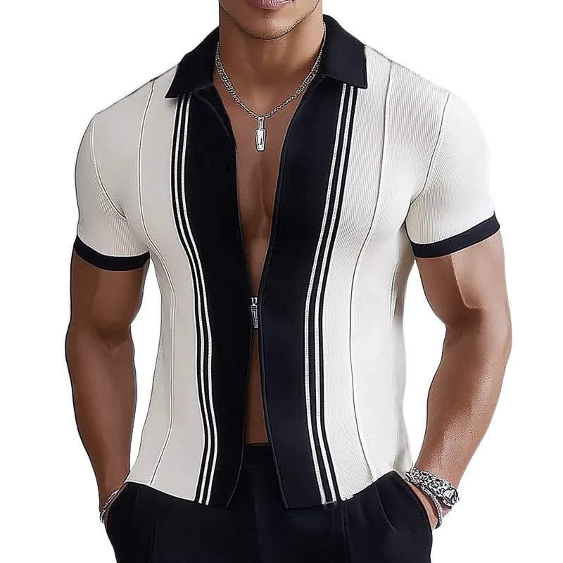 Men's Business Black And White Color Block Lapel Zipper Slim Fit Knitted Shirt MTA0772E6U sold by Manly