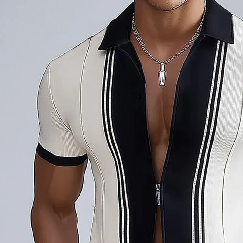 Men's Business Black And White Color Block Lapel Zipper Slim Fit Knitted Shirt MTA0772E6U sold by Manly product image thumbnail 3