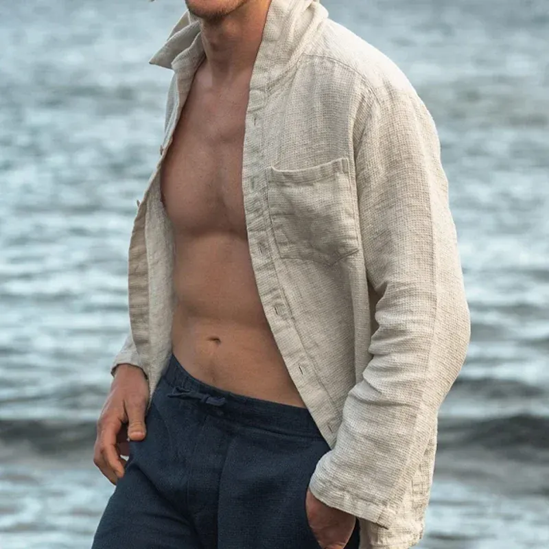 Men's Solid Color Waffle Hooded Long Sleeve Casual Shirt MTA0733E1Z sold by Manly product image thumbnail 2