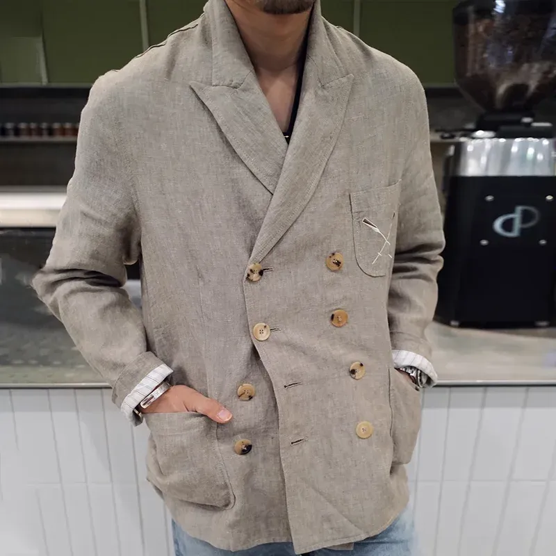 Men's Cotton And Linen Peak Lapel Double Breasted Casual Blazer MTA0725E5Z sold by Manly product image thumbnail 2