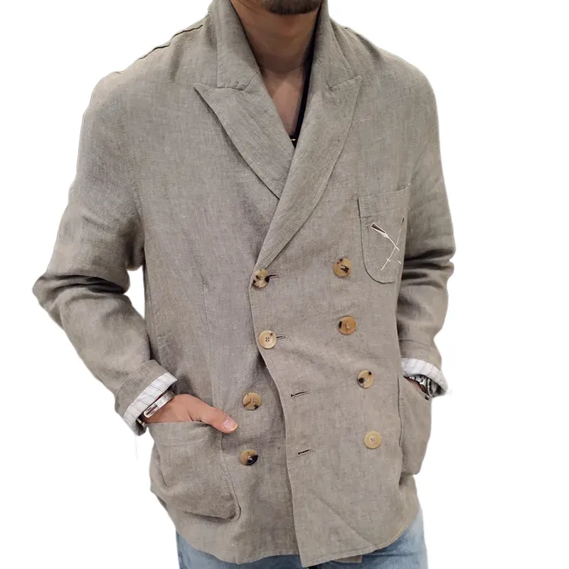 Men's Cotton And Linen Peak Lapel Double Breasted Casual Blazer MTA0725E5Z sold by Manly