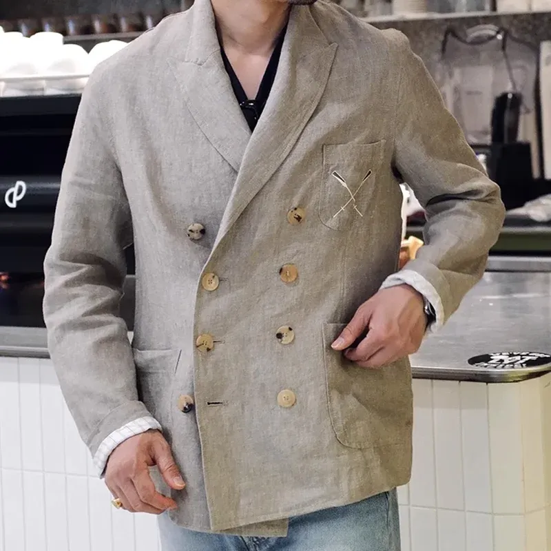 Men's Cotton And Linen Peak Lapel Double Breasted Casual Blazer MTA0725E5Z sold by Manly product image thumbnail 4