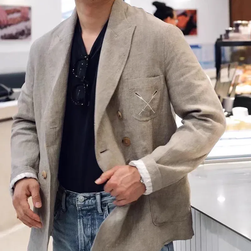 Men's Cotton And Linen Peak Lapel Double Breasted Casual Blazer MTA0725E5Z sold by Manly product image thumbnail 3