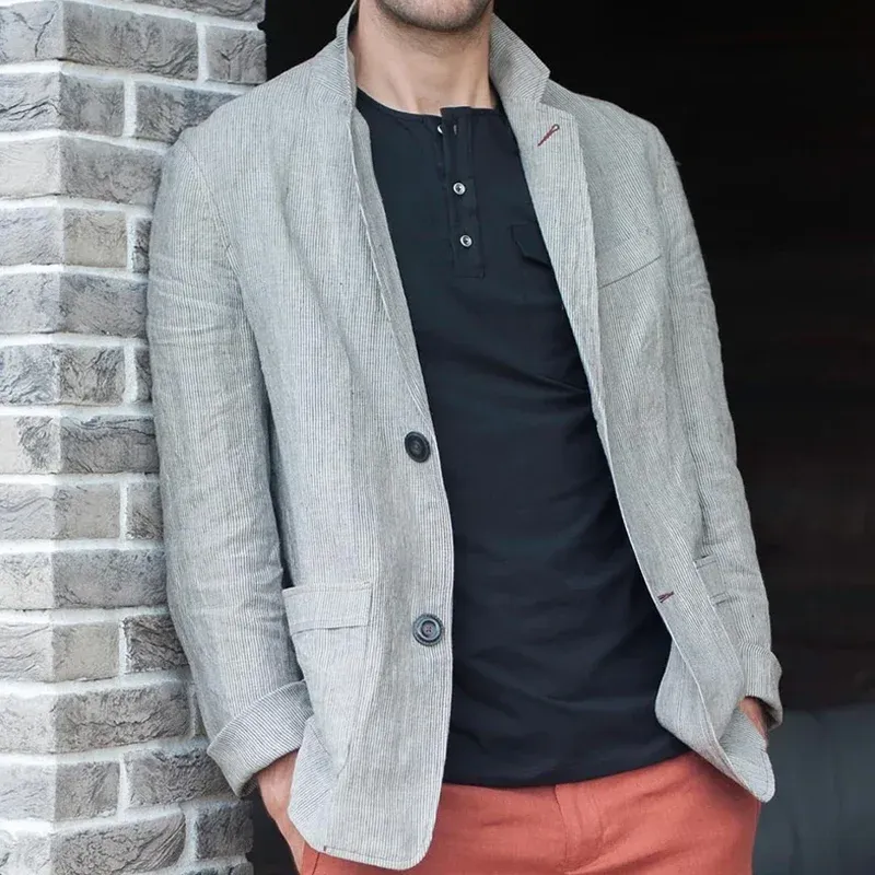 Men's Striped Cotton And Linen Notch Lapel Two Buttons Casual Blazer MTA0715E1Z sold by Manly product image thumbnail 2