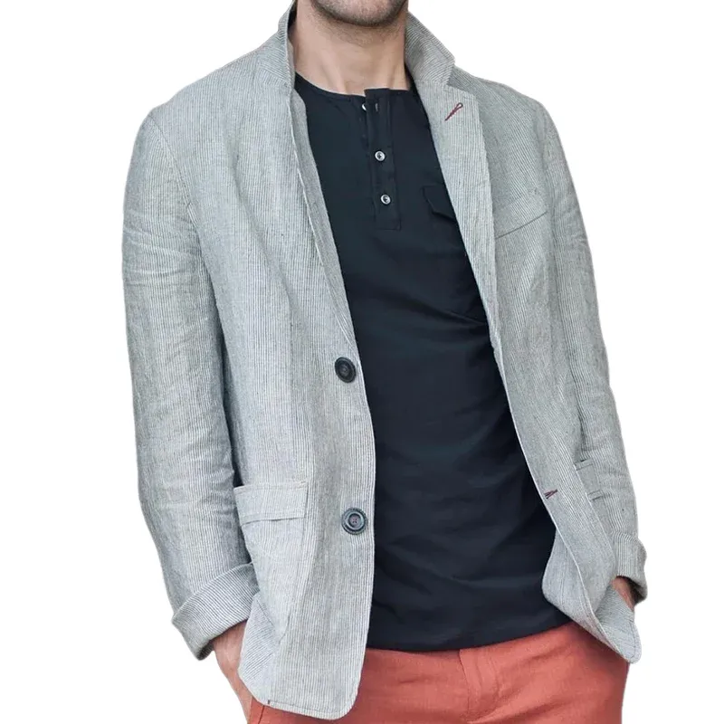 Men's Striped Cotton And Linen Notch Lapel Two Buttons Casual Blazer MTA0715E1Z sold by Manly