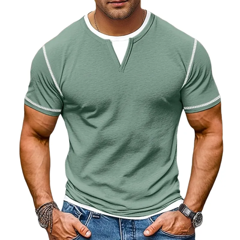 Men's Colorblock Fake Two-piece Round Neck Short Sleeve T-shirt MTA0794E5Z sold by Manly
