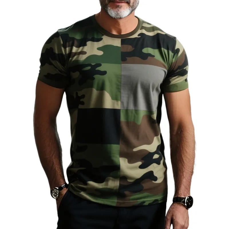 Men's Camouflage Stitching Round Neck Short Sleeve T-Shirt MTA0663E0Z sold by Manly