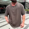 Men's Solid Cotton And Linen Rough edge Round Neck Short Sleeve T-Shirt MTA0652E8Z sold by Manly